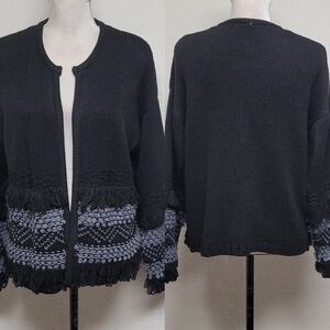 Wonderly Black Gray Zig-Zag Knit Bold Fringe Open Front Cardigan Sweater S NWT